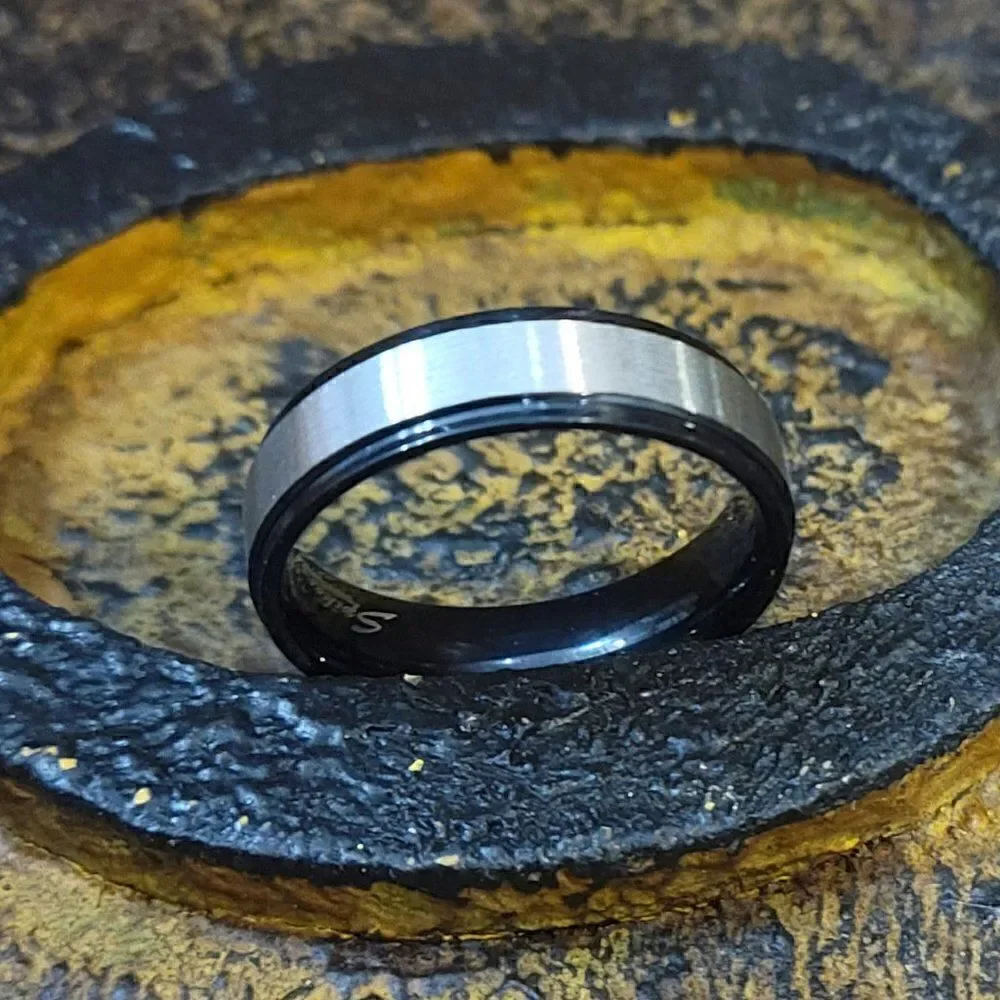 Men's Two Tone Silver and Black Wedding Band Step Edges Sizes 5 - 13 Available
